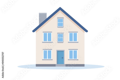 Illustration of a classic two-story house with blue accents and a front door, symbolizing home and real estate concepts.
