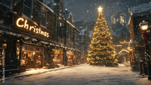 Christmas tree in snowy town square with cozy shops and glowing 'Christmas' sign. Holiday celebration.