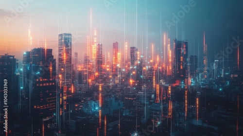 Wallpaper Mural A futuristic image of digital financial graphs and currency symbols floating above a city skyline Torontodigital.ca