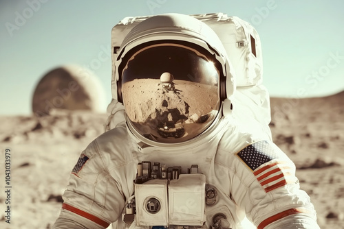 Astronaut on alien terrain with planet reflection on helmet photo