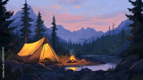 Camping under the twilight sky by a serene lake surrounded by mountains and pine trees in a tranquil wilderness setting