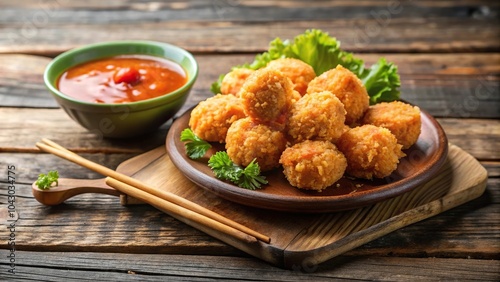 Fried prawn balls with sweet sauce on wooden table