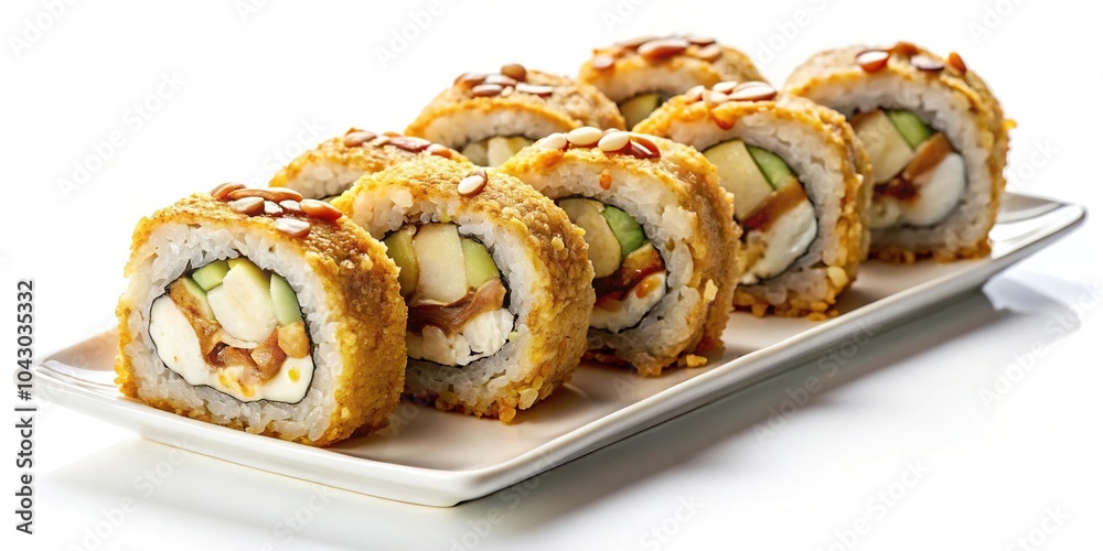 Fried sushi rolls with sauce and almonds on white background for menu macro Fried sushi rolls with sauce and almonds on white background for menu macro