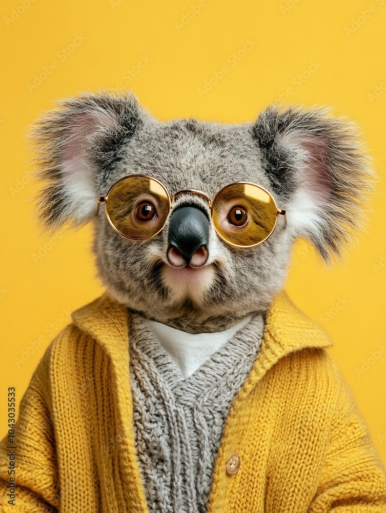 Female koala in a cardigan with round glasses on a pale yellow background. Female koala in a cardigan with round glasses on a pale yellow background.