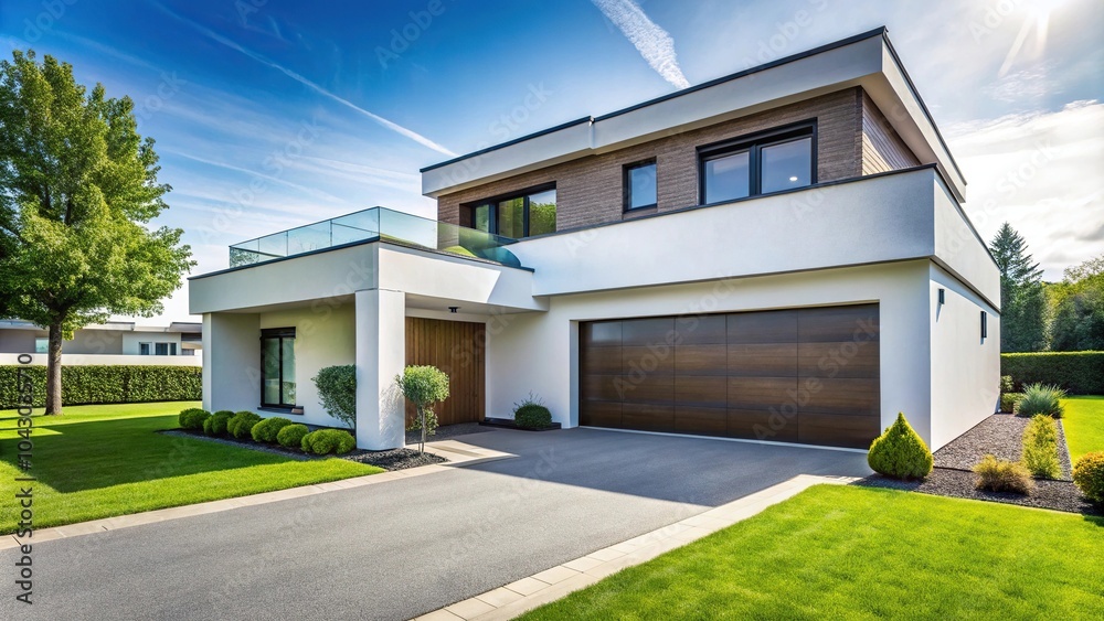 Front view of modern house with white walls, green yard, and garage driveway Front view of modern house with white walls, green yard, and garage driveway