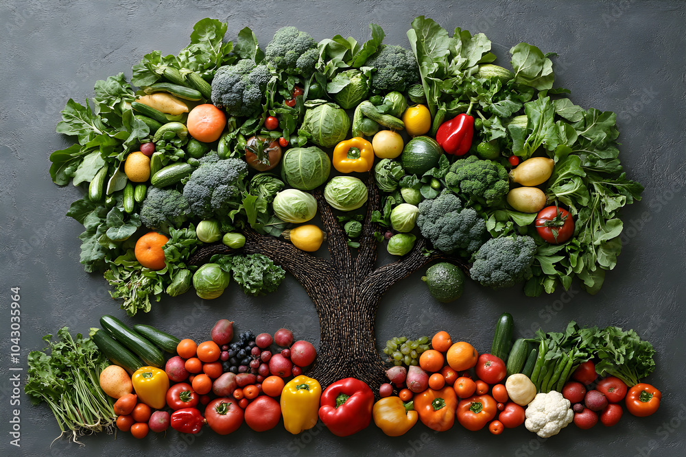 Tree of Life Made with Fresh Vegetables and Fruits on Gray Background. Tree of Life Made with Fresh Vegetables and Fruits on Gray Background.