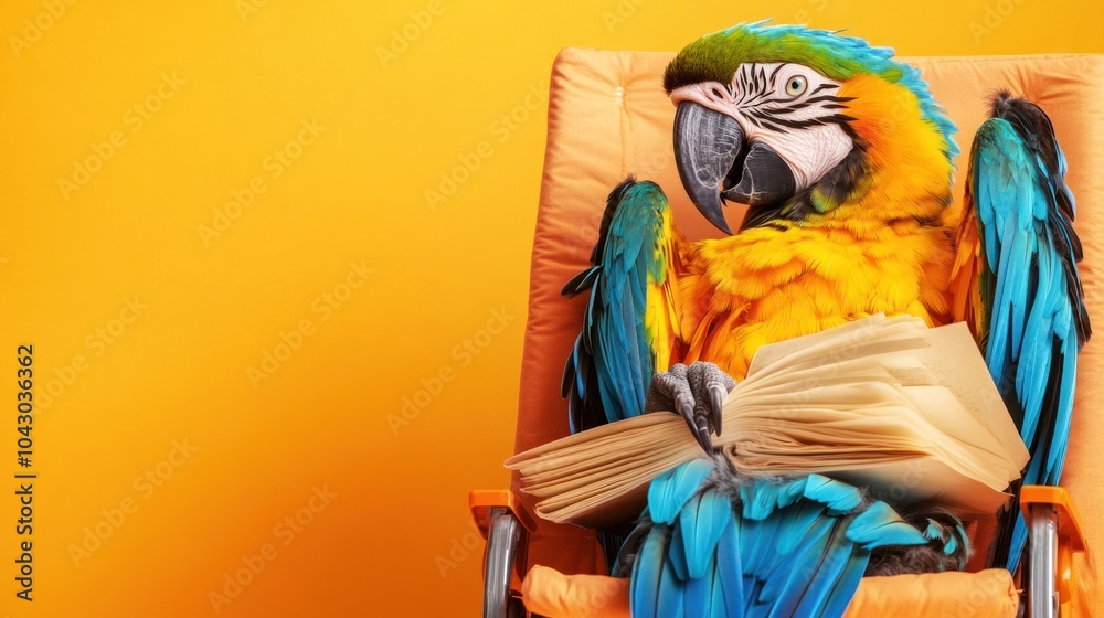 Fototapeta premium A colorful parrot sitting in a chair, reading a book against a vibrant orange background.