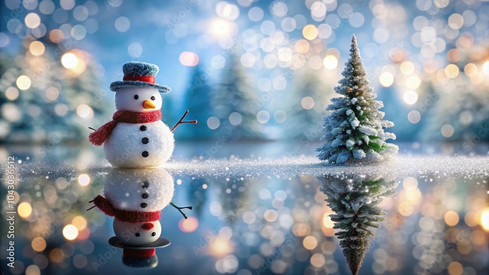Obraz premium Frosty winter landscape with snowman and blurred Christmas lights reflection