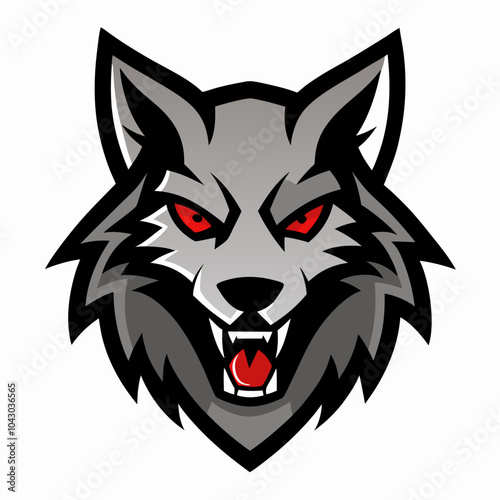 Wolf head mascot logo with aggressive features, designed for a sports team