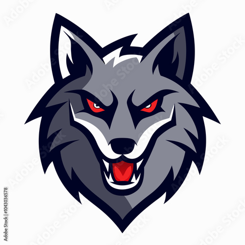 Wolf head mascot logo with aggressive features, designed for a sports team