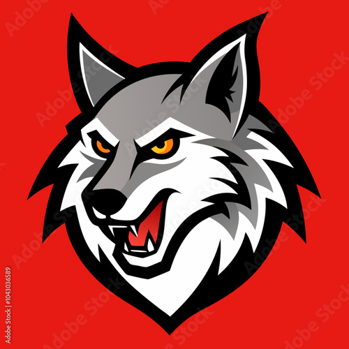 Wolf head mascot logo with aggressive features, designed for a sports team