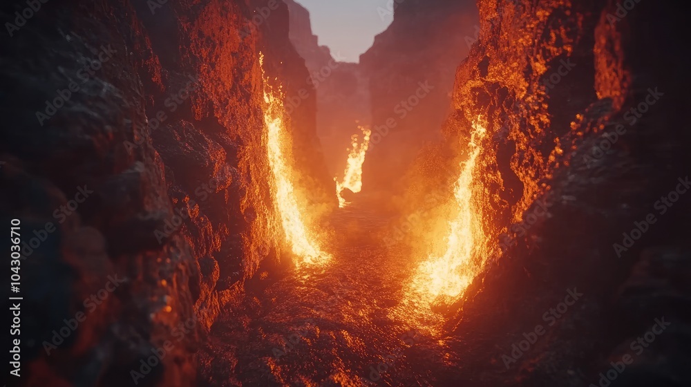 Molten lava streams through a dramatic canyon, casting an otherworldly glow against towering rock formations during twilight Molten lava streams through a dramatic canyon, casting an otherworldly glow against towering rock formations during twilight