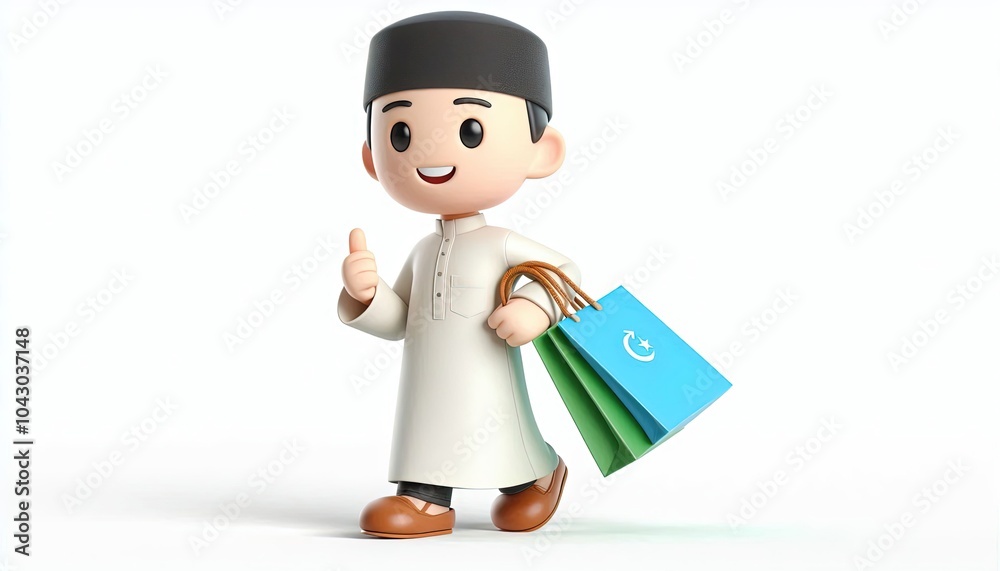 Happy Muslim man cartoon character with shopping bags. Happy Muslim man cartoon character with shopping bags.