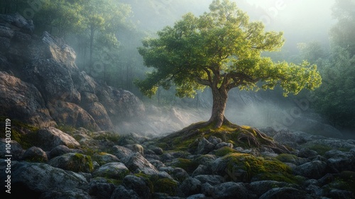 Solitary Tree in Misty Forest