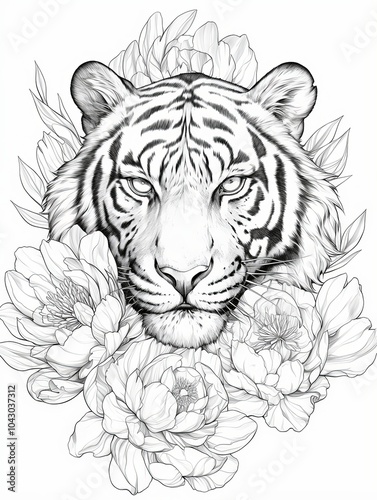 Tiger Face with Peony Flowers Illustration