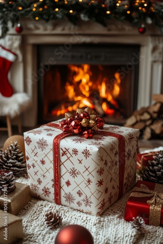 Christmas gifts near fireplace. cozy and inviting atmosphere. Wrapped colorful presents, toped with ribbons and bows. 