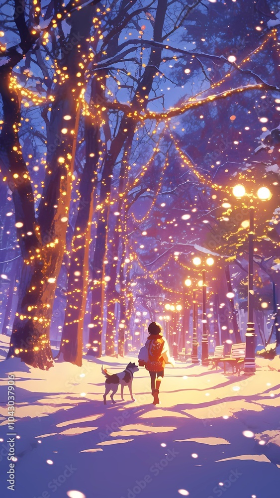 Evening Walk in a Snowy Park with Festive Lights, phone wallpaper background Evening Walk in a Snowy Park with Festive Lights, phone wallpaper background
