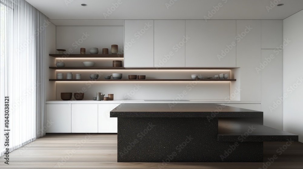 A minimalist kitchen with sleek A minimalist kitchen with sleek