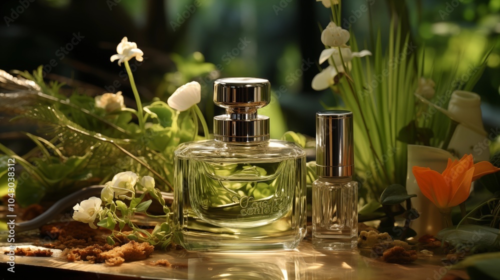 Beauty product with natural ingredients surrounded by green plants, evoking an organic and eco-friendly vibe. Beauty product with natural ingredients surrounded by green plants, evoking an organic and eco-friendly vibe.