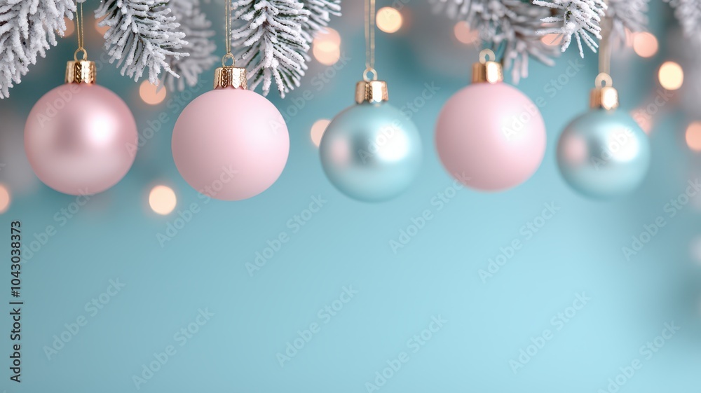 Fototapeta premium A festive arrangement of pastel ornaments hanging from a branch, set against a soft turquoise background with subtle lights.