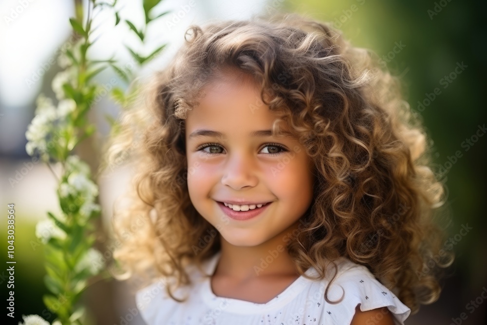 Portrait of a cute little girl with curly hair in the park Portrait of a cute little girl with curly hair in the park