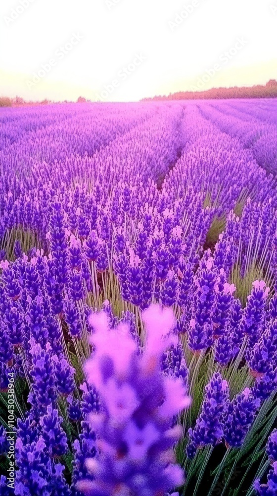 Fototapeta premium A field of lavender flowers in bloom under a purple sky.