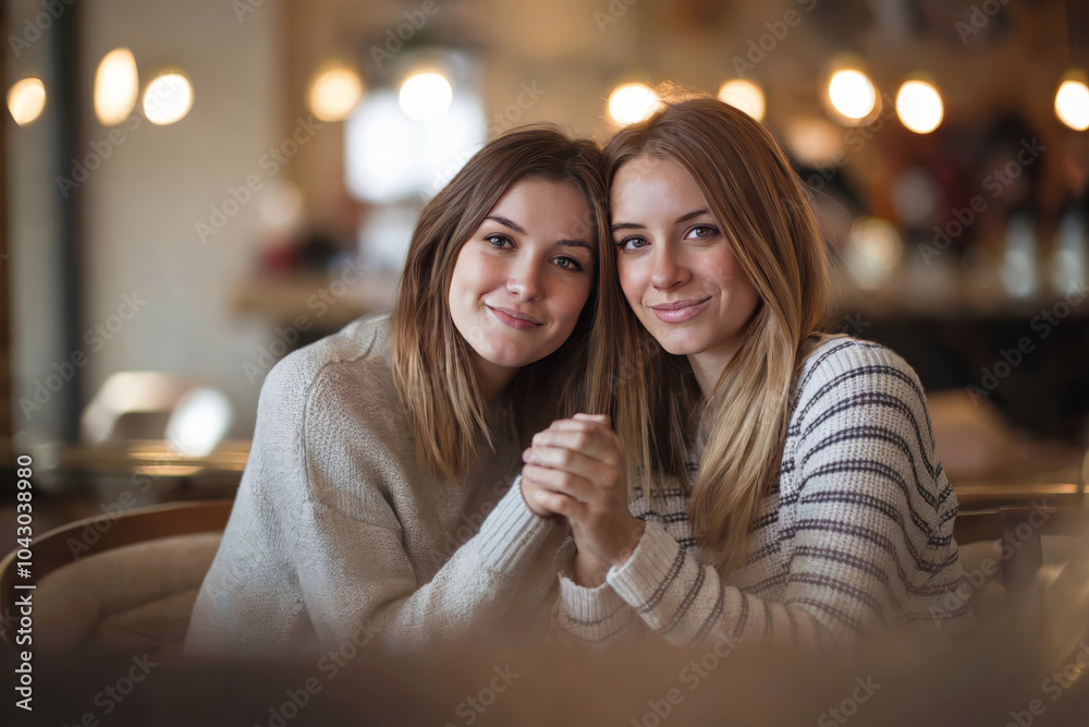 Close-up portrait of two smiling women in cozy cafe. Warm atmosphere. Friendship and togetherness concept. Perfect for lifestyle blog, social media, advertising. Close-up portrait of two smiling women in cozy cafe. Warm atmosphere. Friendship and togetherness concept. Perfect for lifestyle blog, social media, advertising.
