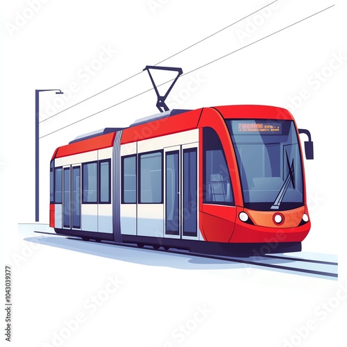 Modern red and white tram on tracks, white isolated background.