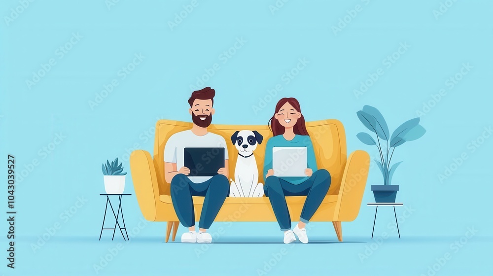 Cheerful Couple Relaxing on Couch with Their Dog Cheerful Couple Relaxing on Couch with Their Dog