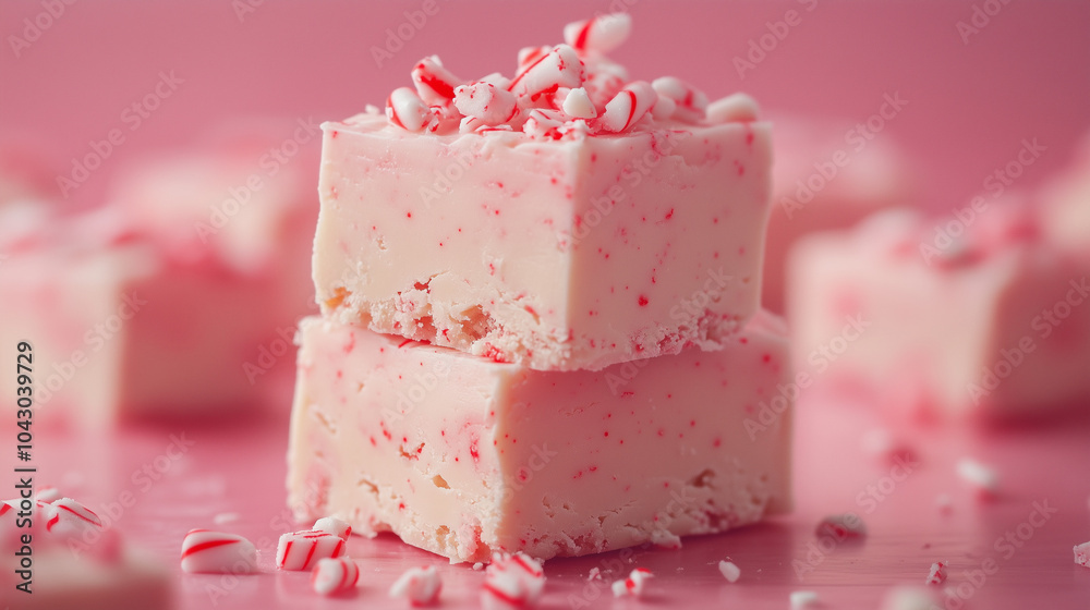 Pieces of pink fudge with candy cane topping on a pink background Pieces of pink fudge with candy cane topping on a pink background