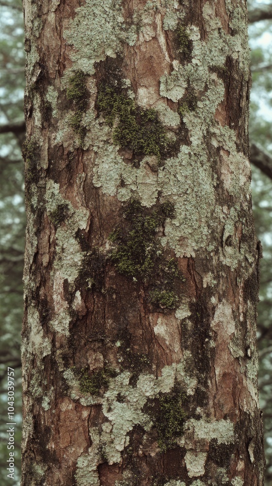 Close-up of a tree trunk with rough bark, green moss and lichen growing on it. Close-up of a tree trunk with rough bark, green moss and lichen growing on it.