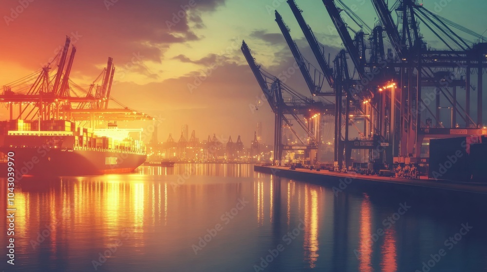 Bustling modern harbor with cranes and container ships, reflecting global trade, photography style Bustling modern harbor with cranes and container ships, reflecting global trade, photography style
