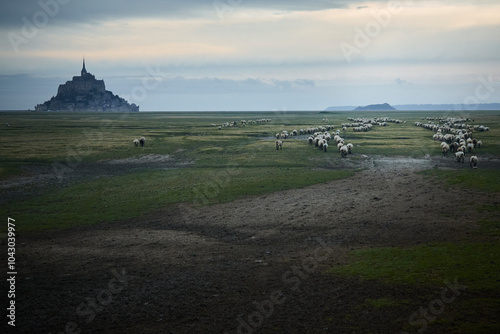 Another view of le mont saint michel with a flock of sheep