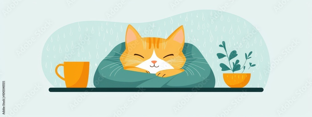 Fototapeta premium Cozy Cat Snuggled in Blanket on Rainy Day