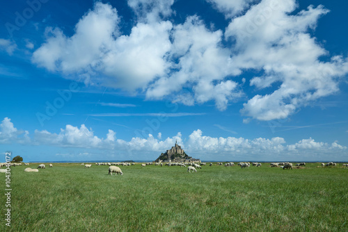 Le Mont Saint-Michel island with sheep and clouds, Normandy, France.