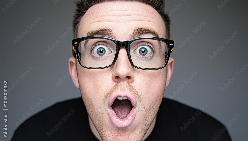 Man with glasses is looking surprised. Concept of surprise. man's wide-open mouth and fact that he is wearing glasses, to the overall impression of astonishment. man with a wow expression open mouth, Man with glasses is looking surprised. Concept of surprise. man's wide-open mouth and fact that he is wearing glasses, to the overall impression of astonishment. man with a wow expression open mouth,