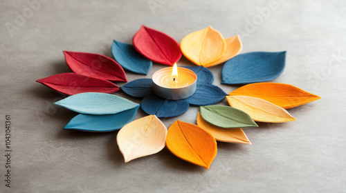 Colorful decorative rangoli patterns with glowing candle at center create warm and inviting atmosphere. vibrant leaves in various shades enhance festive spirit photo