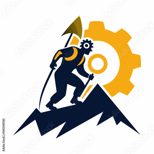 Mountain climber mascot logo, holding gear and scaling a peak