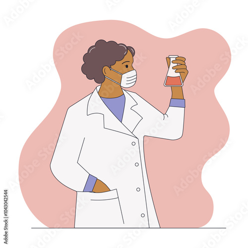 A dark-skinned woman wearing a mask, a scientist or a doctor, holds a flask, observes the reaction. The concept of experiments and research in the field of medicine, chemistry, biotechnology