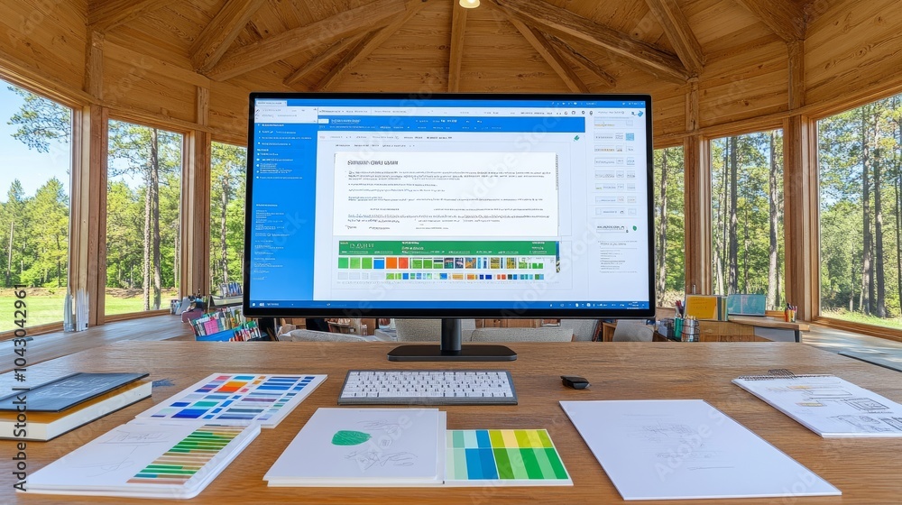 Fototapeta premium Modern workspace with a computer monitor, keyboard and mouse, papers, and a tablet on a wooden desk.
