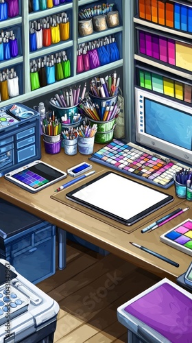 A well-organized artist's workspace with a tablet, computer, and various art supplies.