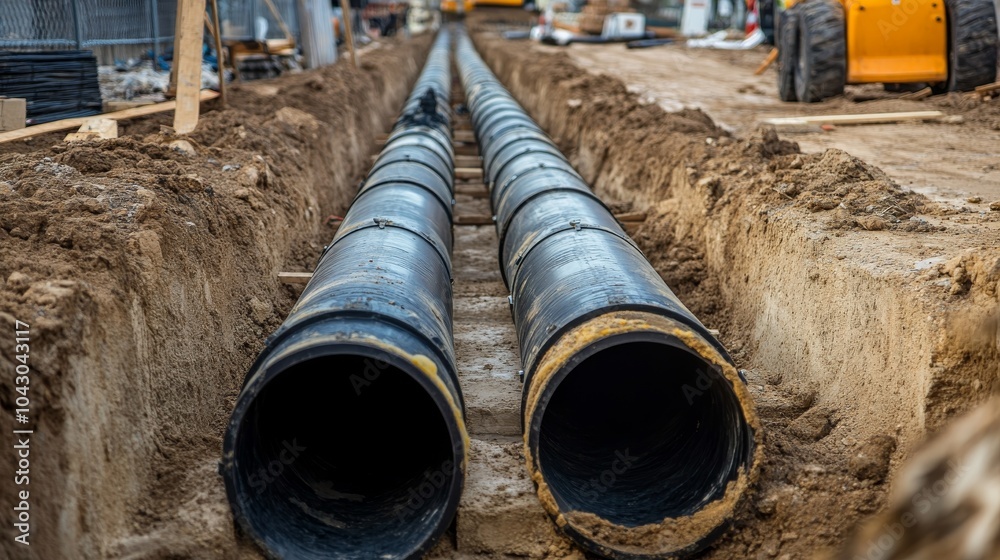 custom made wallpaper toronto digitalDrainage and sewage installation at a construction site, showcasing the process of laying pipes for urban infrastructure.