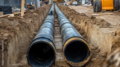 Wallpaper Mural Drainage and sewage installation at a construction site, showcasing the process of laying pipes for urban infrastructure. Torontodigital.ca