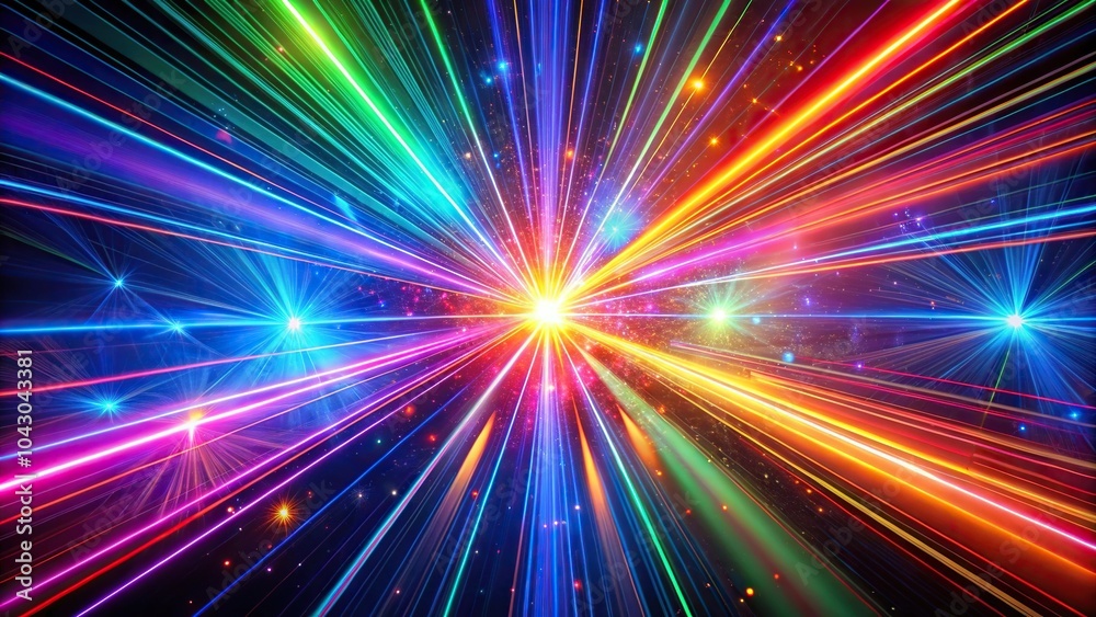 Fototapeta premium Futuristic background featuring colorful laser beams and explosive energy on dark background, wide-angle shot