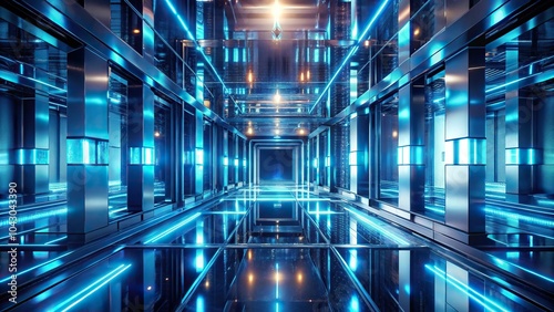 Futuristic area with blue lights, metal, and glass in a multilayered abstraction minimalist style photo