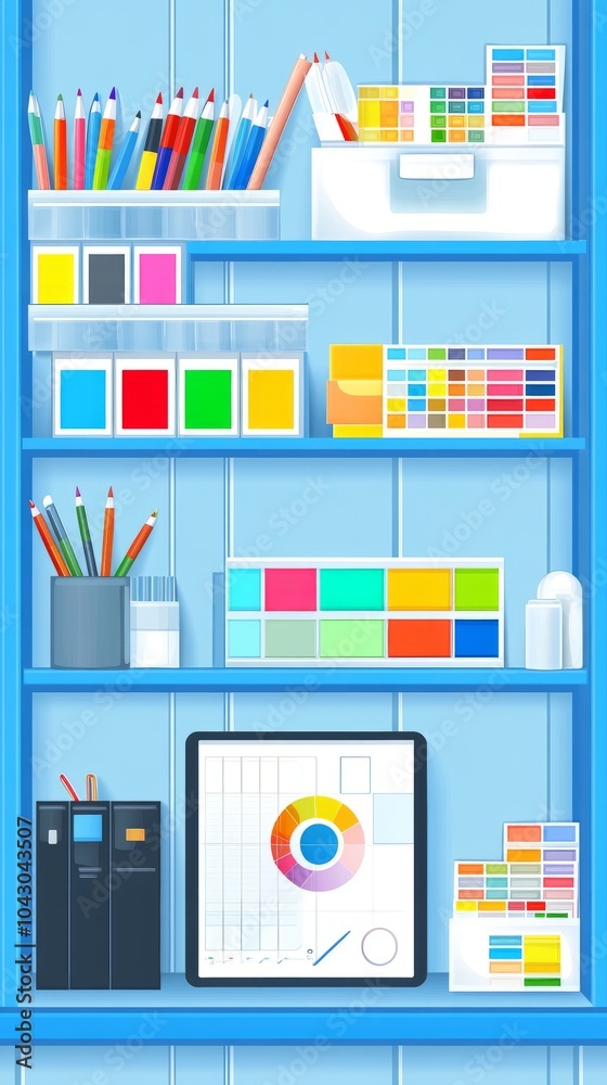 A blue shelf with various art supplies, including pencils, paint, and a color wheel on a tablet. A blue shelf with various art supplies, including pencils, paint, and a color wheel on a tablet.