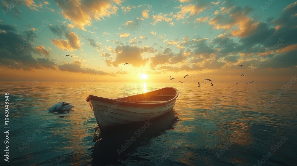 A serene sunset over calm waters with a boat and flying birds. A serene sunset over calm waters with a boat and flying birds.