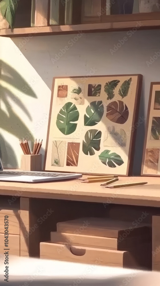 Sunlight streams through a window onto a wooden desk with a laptop, pencils, and framed leaf prints. Sunlight streams through a window onto a wooden desk with a laptop, pencils, and framed leaf prints.