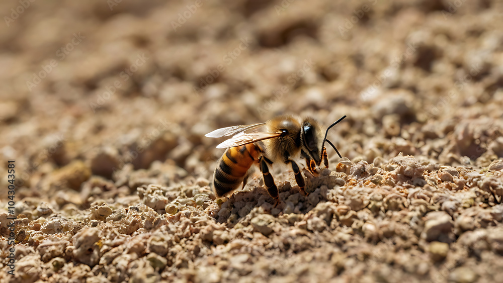 A solitary honeybee searching for flowers in a barren, pesticide-laden landscape, symbolizing the global pollinator crisis and its effects on ecosystems and agriculture. A solitary honeybee searching for flowers in a barren, pesticide-laden landscape, symbolizing the global pollinator crisis and its effects on ecosystems and agriculture.