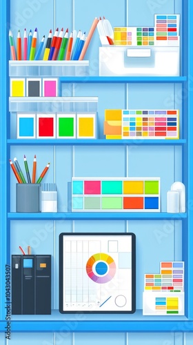 A blue shelf with various art supplies, including pencils, paint, and a color wheel on a tablet.